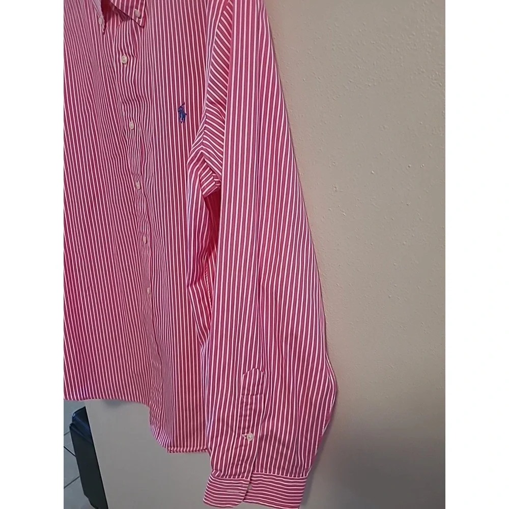Y2K Ralph Lauren Polo Custom Fit Candy Stripe Button Down XLarge Pink White Logo